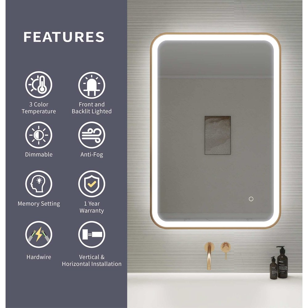 36 Inch Rectangle LED Front and Backlit Wall Mirror in Satin Gold. Picture 11