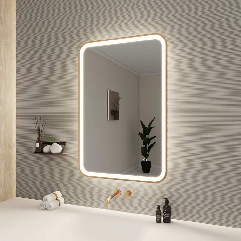 36 Inch Rectangle LED Front and Backlit Wall Mirror in Satin Gold. Picture 3