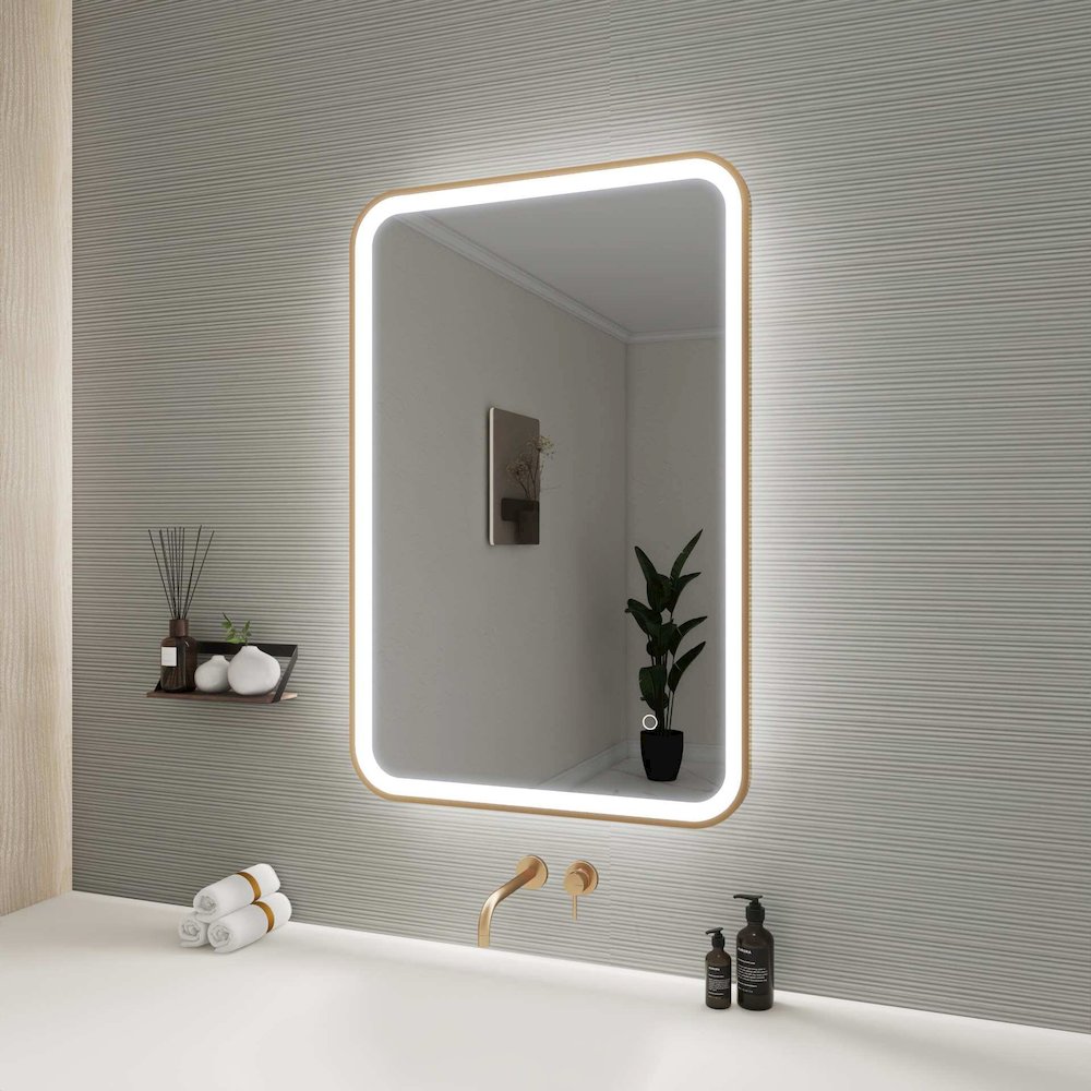 36 Inch Rectangle LED Front and Backlit Wall Mirror in Satin Gold. Picture 5