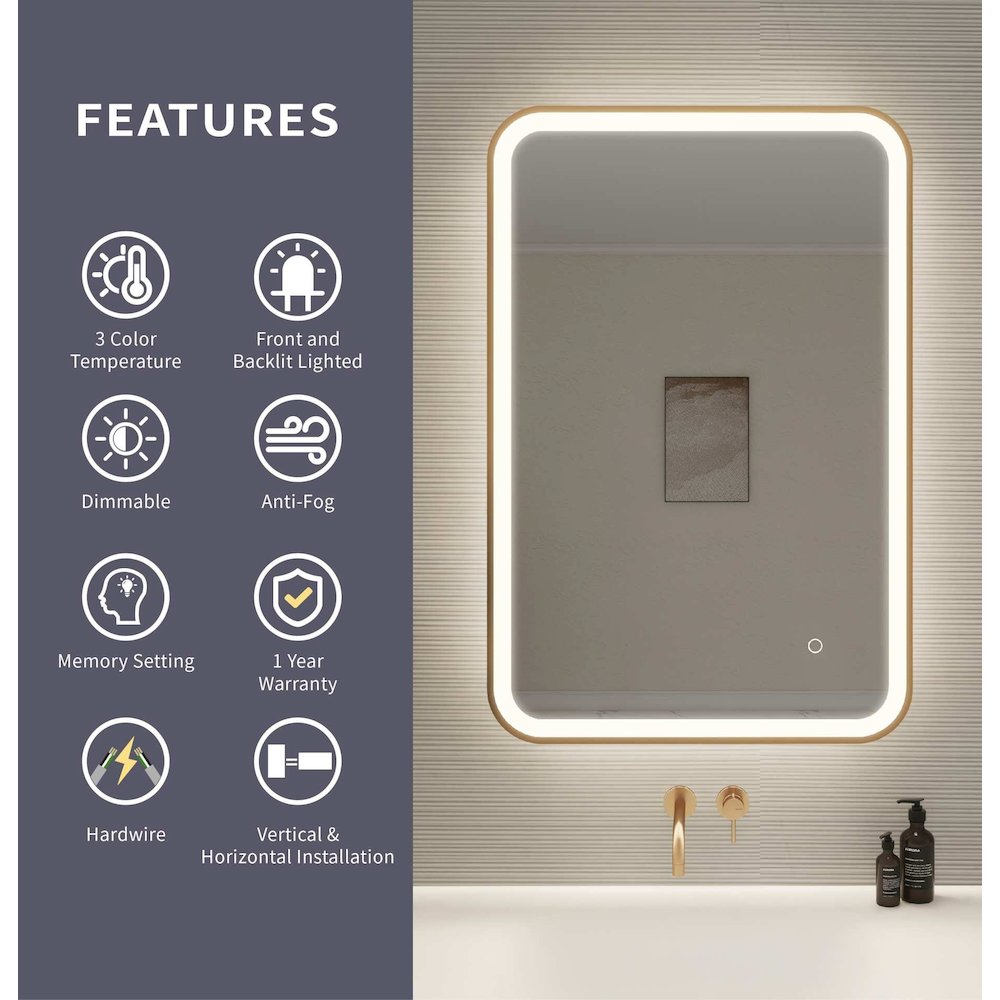 36 Inch Rectangle LED Front and Backlit Wall Mirror in Satin Gold. Picture 9