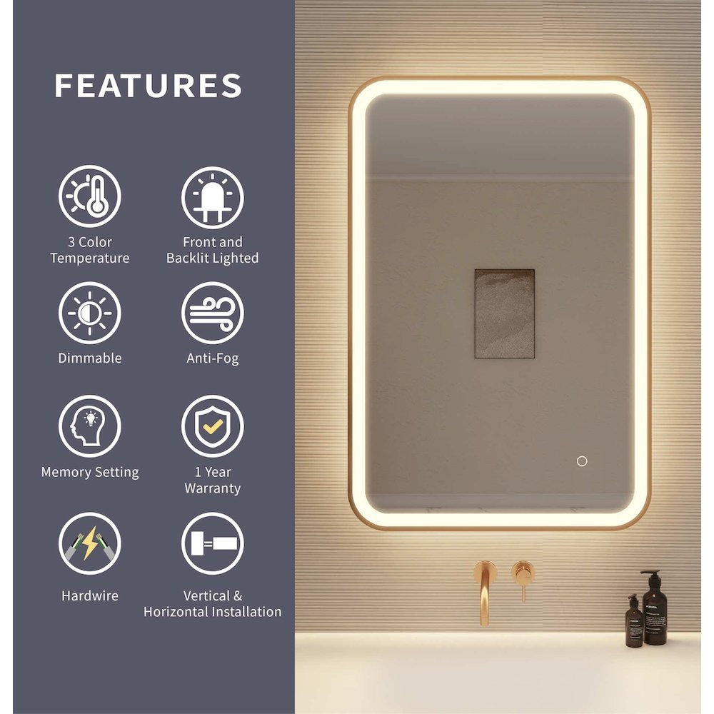 36 Inch Rectangle LED Front and Backlit Wall Mirror in Satin Gold. Picture 10