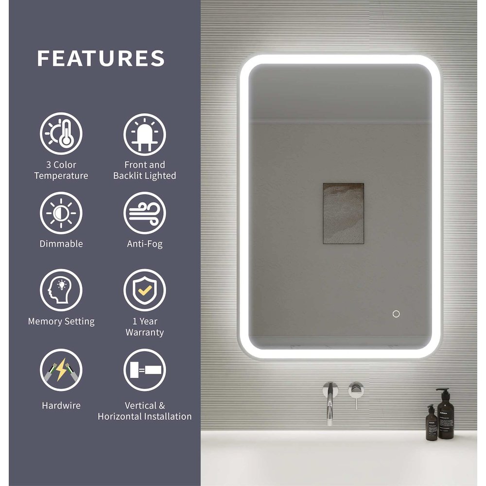 36 Inch Rectangle LED Front and Backlit Wall Mirror in Silver. Picture 11