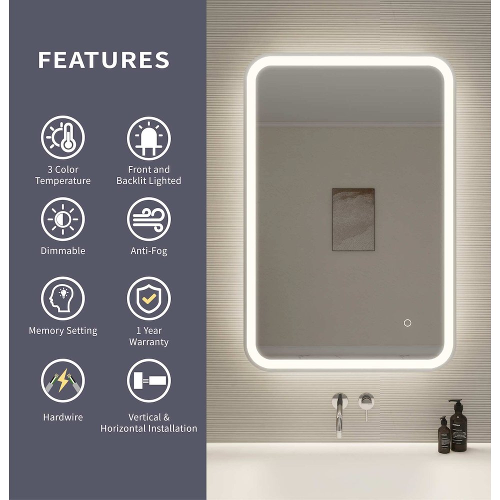 36 Inch Rectangle LED Front and Backlit Wall Mirror in Silver. Picture 10