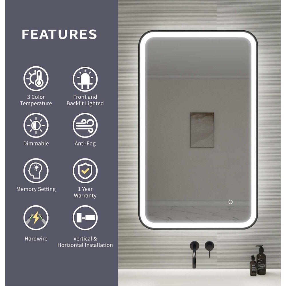 40 Inch Rectangle LED Front and Backlit Wall Mirror in Black. Picture 11