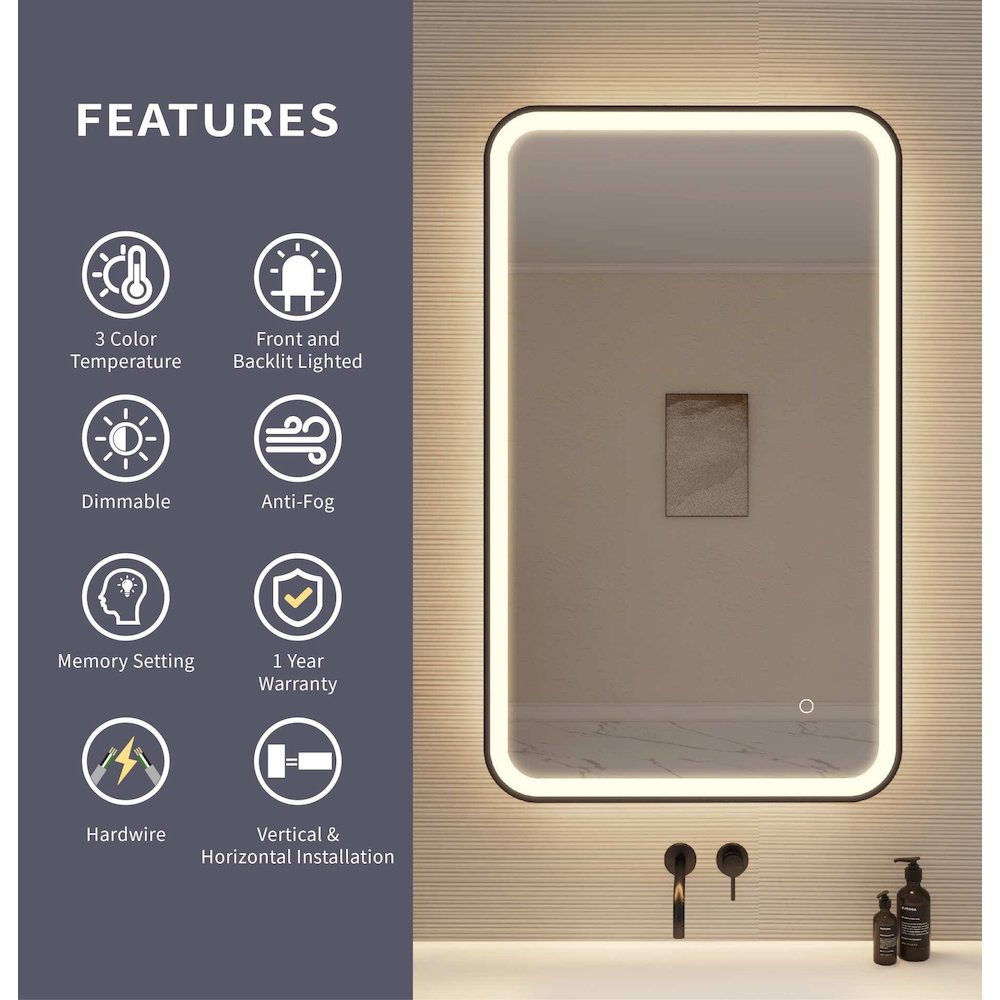 40 Inch Rectangle LED Front and Backlit Wall Mirror in Black. Picture 9