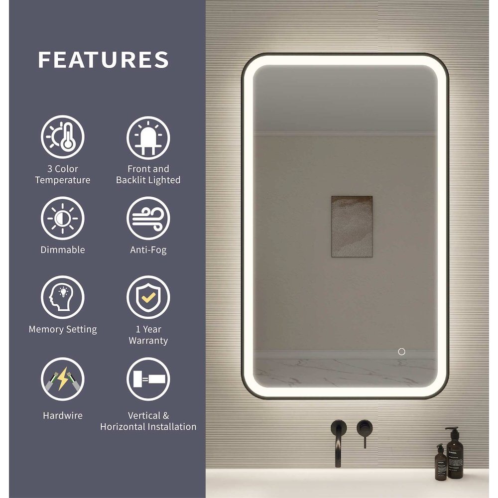 40 Inch Rectangle LED Front and Backlit Wall Mirror in Black. Picture 10