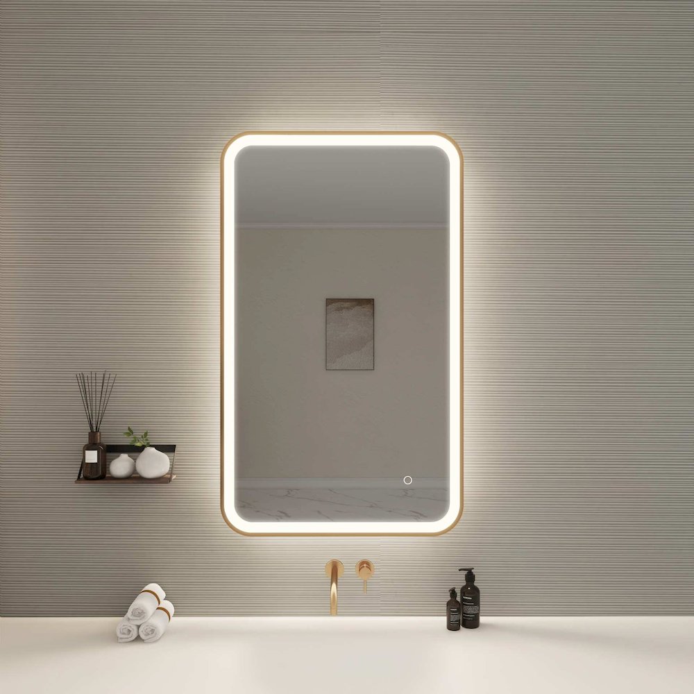 40 Inch Rectangle LED Front and Backlit Wall Mirror in Satin Gold. Picture 2