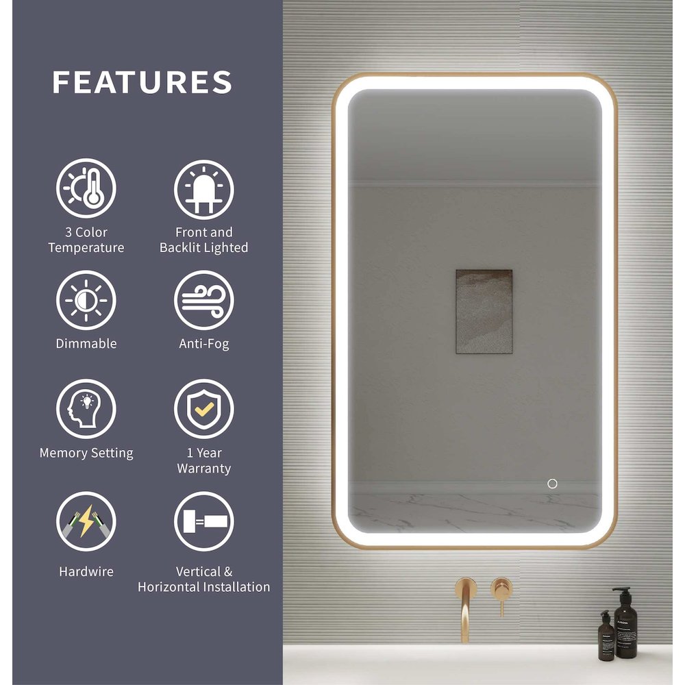 40 Inch Rectangle LED Front and Backlit Wall Mirror in Satin Gold. Picture 11