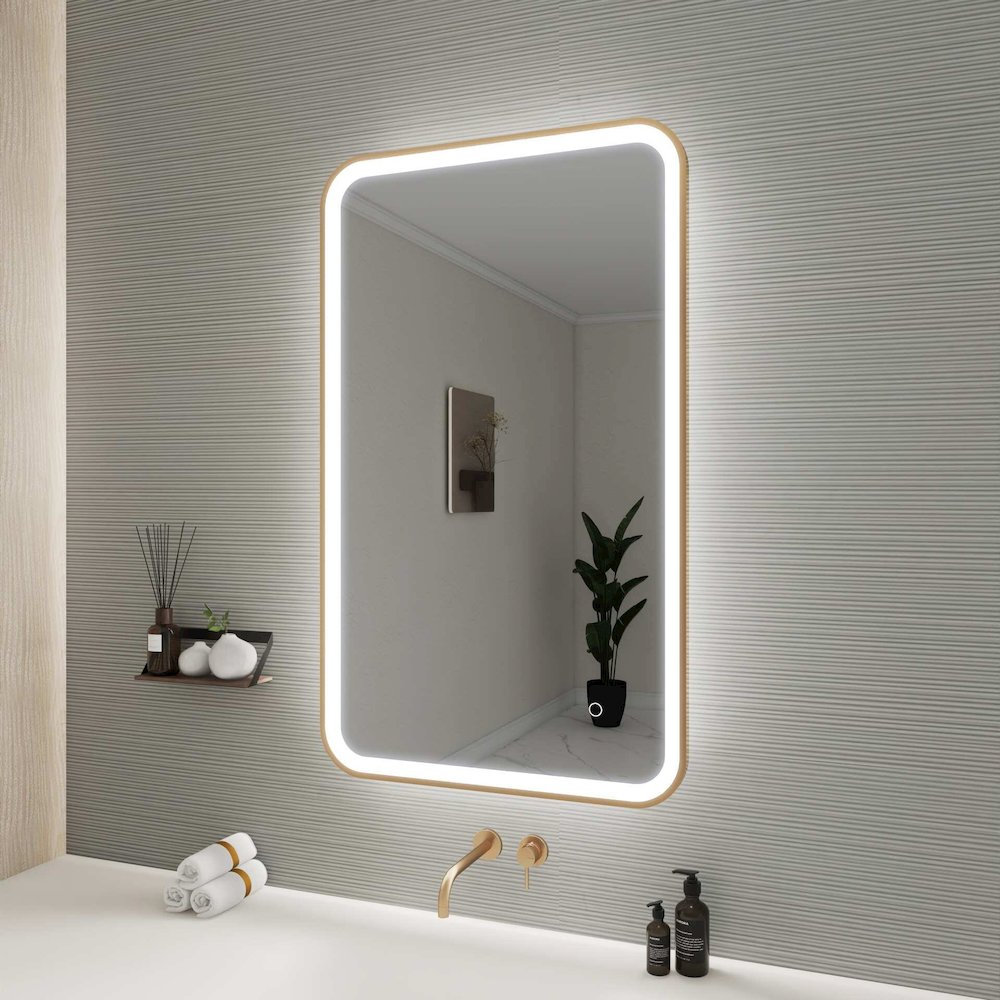 40 Inch Rectangle LED Front and Backlit Wall Mirror in Satin Gold. Picture 3