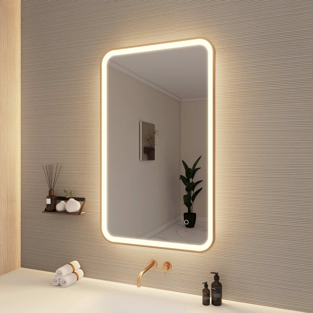 40 Inch Rectangle LED Front and Backlit Wall Mirror in Satin Gold. Picture 4