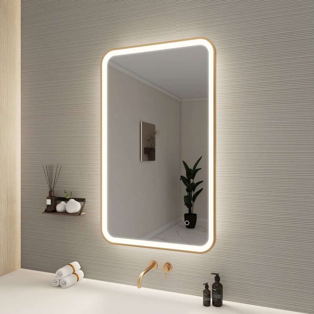 40 Inch Rectangle LED Front and Backlit Wall Mirror in Satin Gold. Picture 5