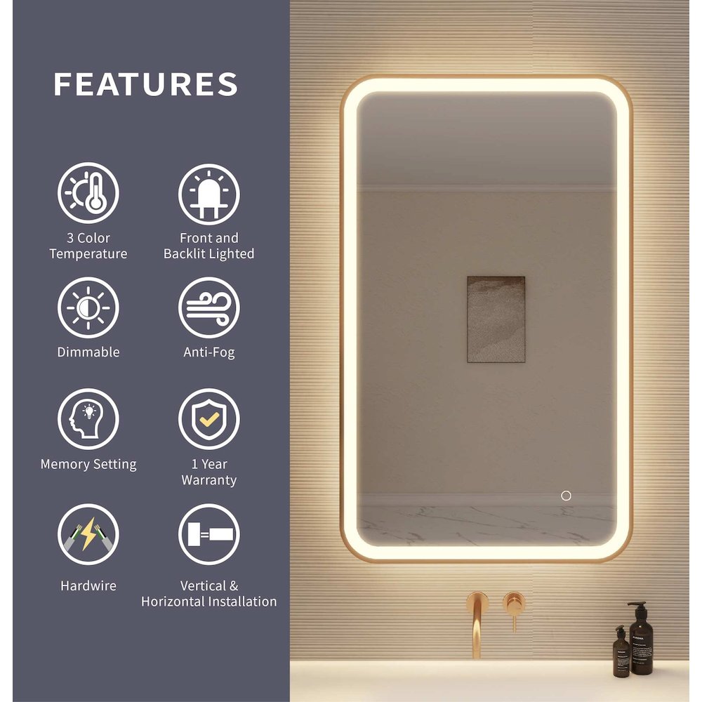 40 Inch Rectangle LED Front and Backlit Wall Mirror in Satin Gold. Picture 9