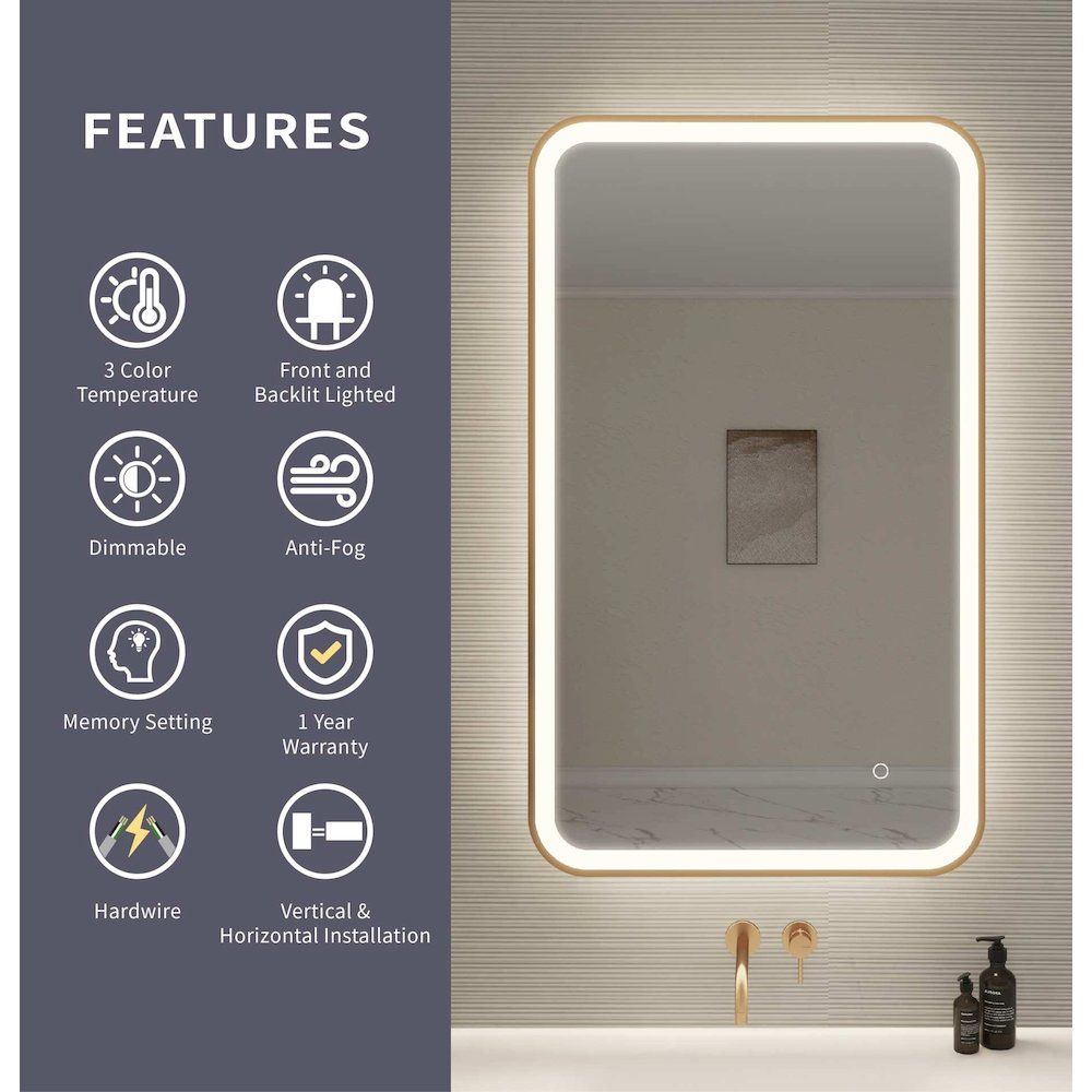 40 Inch Rectangle LED Front and Backlit Wall Mirror in Satin Gold. Picture 10