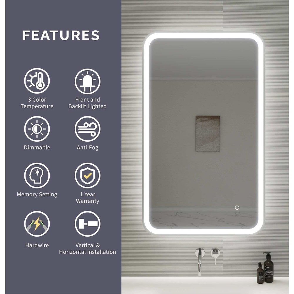 40 Inch Rectangle LED Front and Backlit Wall Mirror in Silver. Picture 11