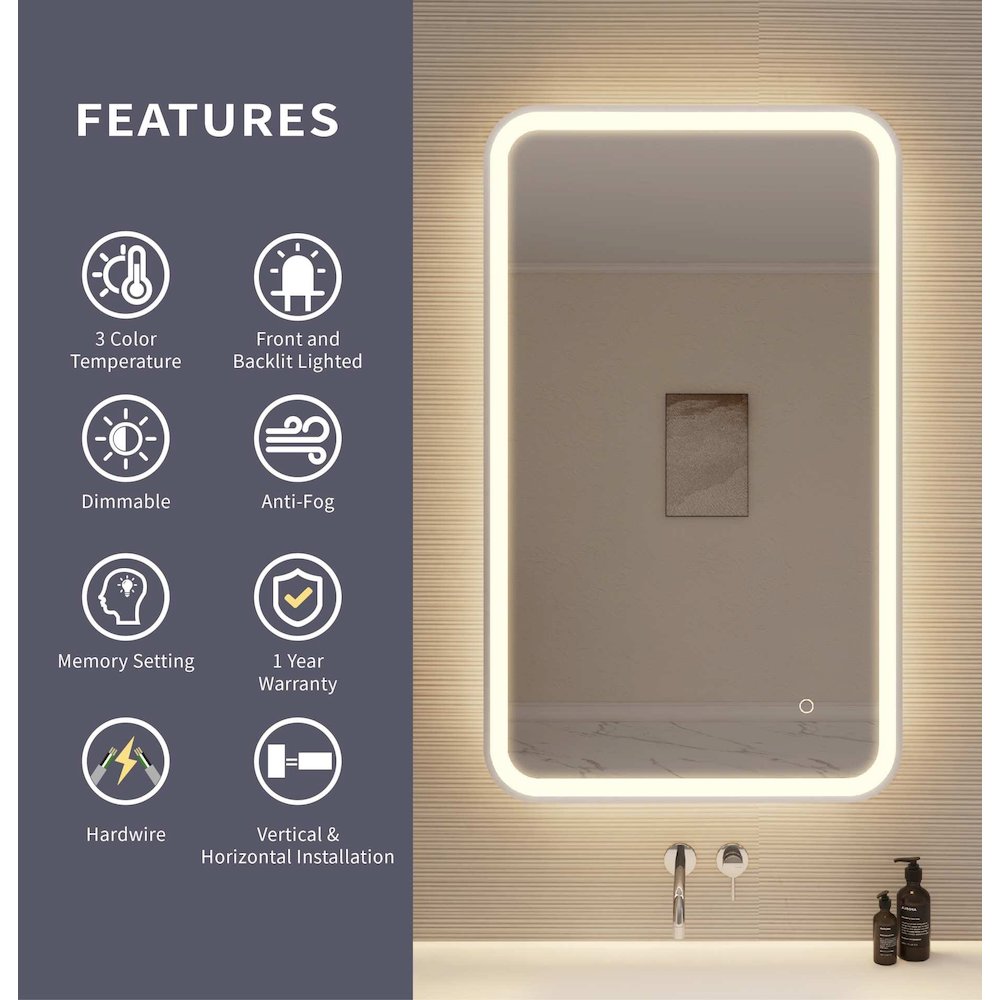40 Inch Rectangle LED Front and Backlit Wall Mirror in Silver. Picture 9