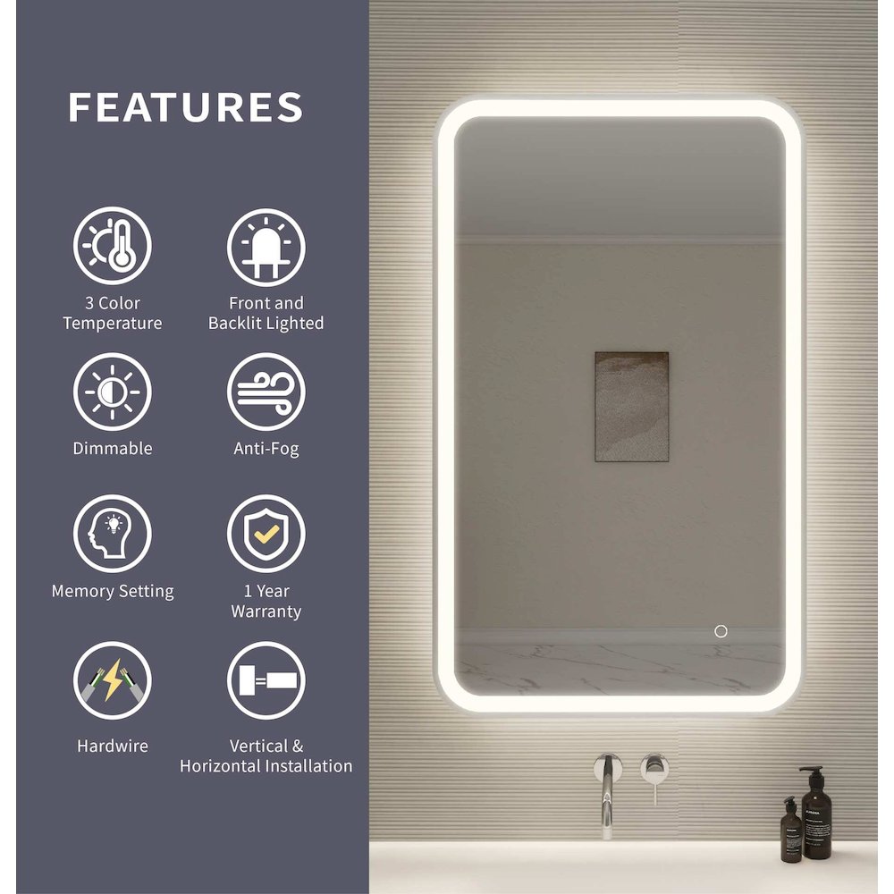 40 Inch Rectangle LED Front and Backlit Wall Mirror in Silver. Picture 10