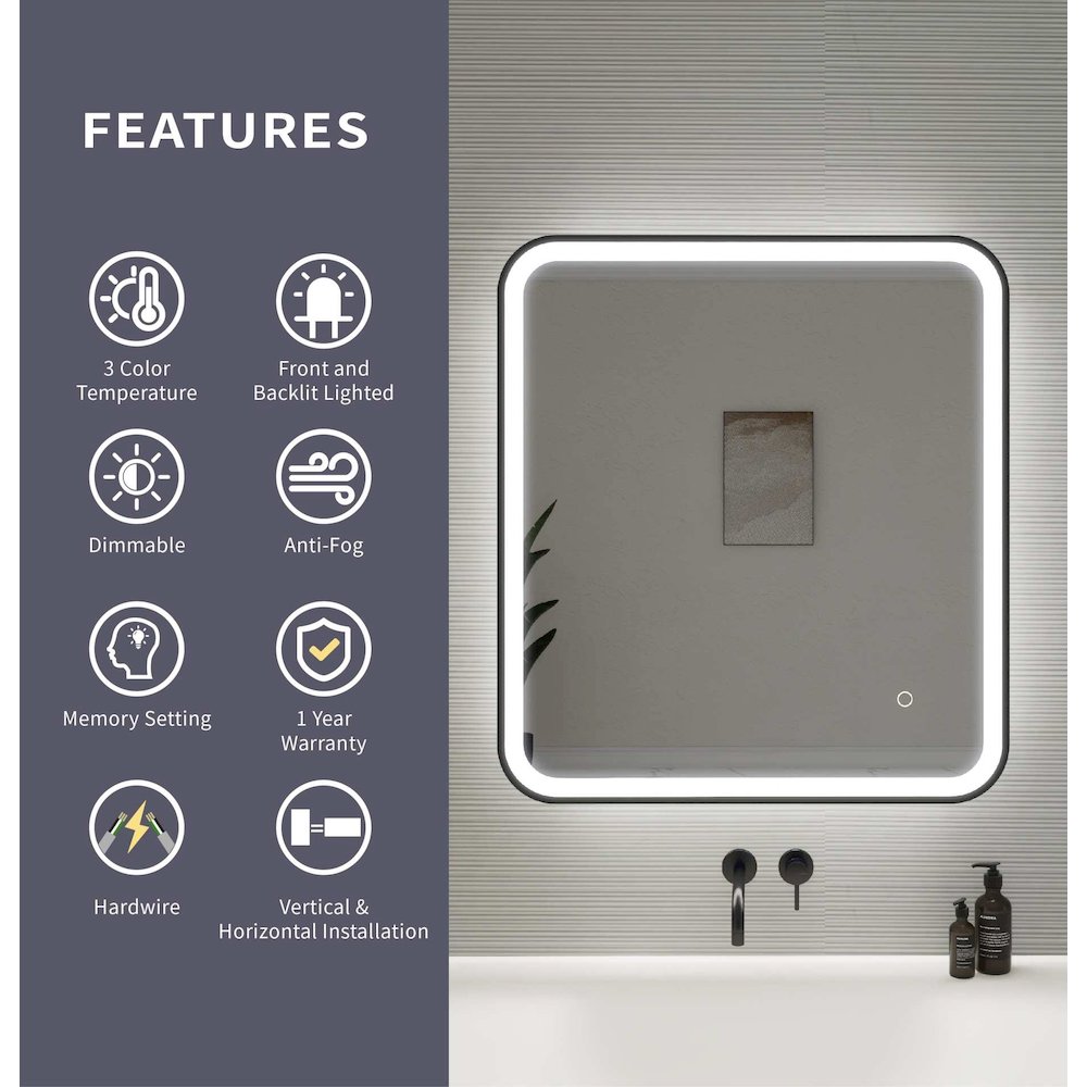 30 Inch Rectangle LED Front and Backlit Wall Mirror in Black. Picture 11