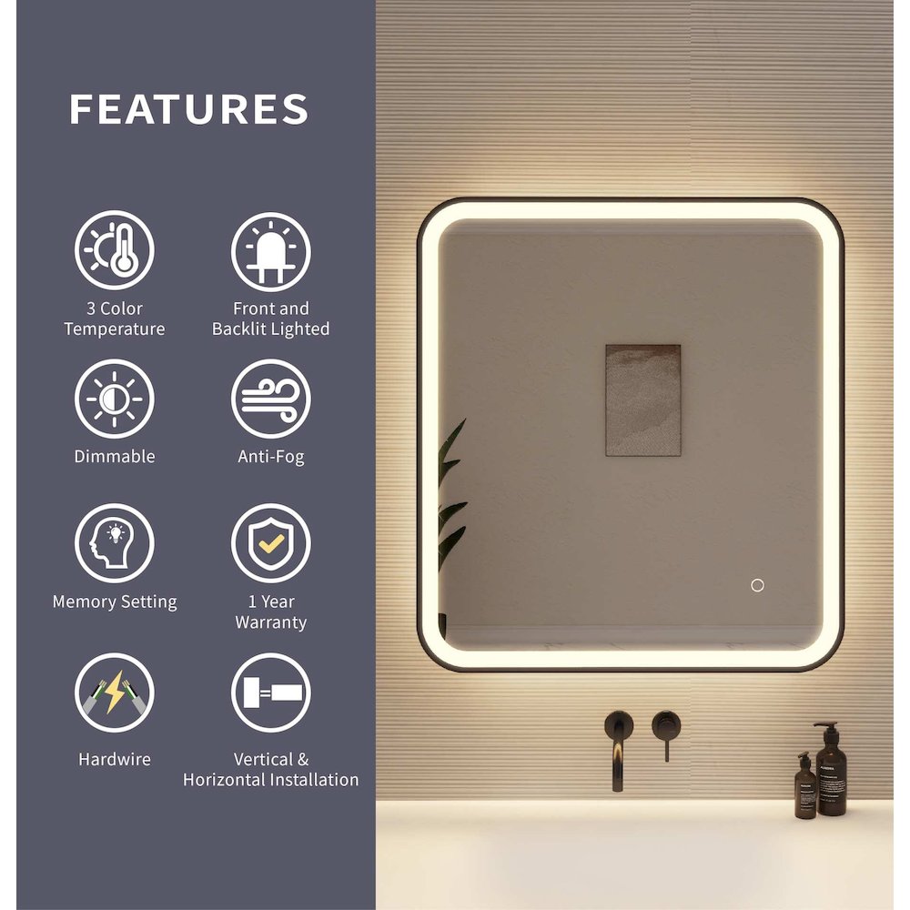30 Inch Rectangle LED Front and Backlit Wall Mirror in Black. Picture 9
