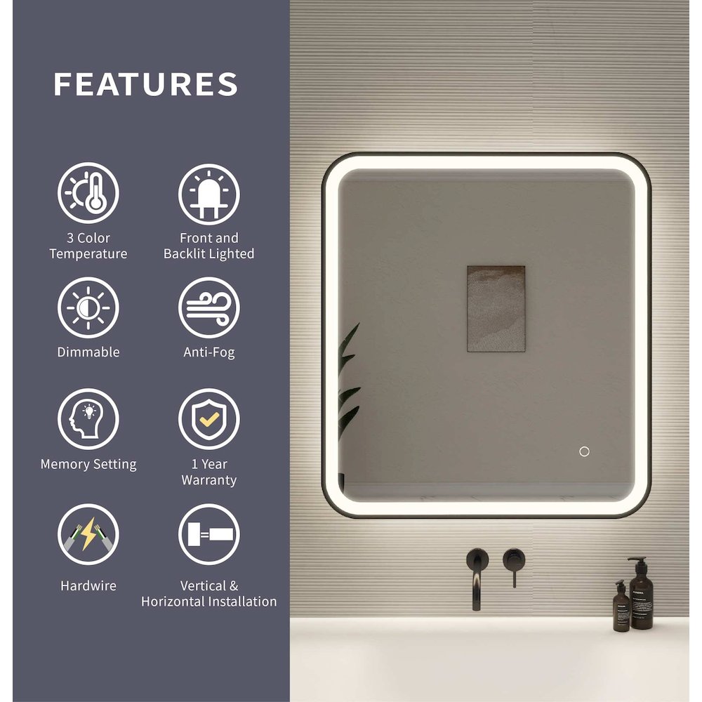 30 Inch Rectangle LED Front and Backlit Wall Mirror in Black. Picture 10