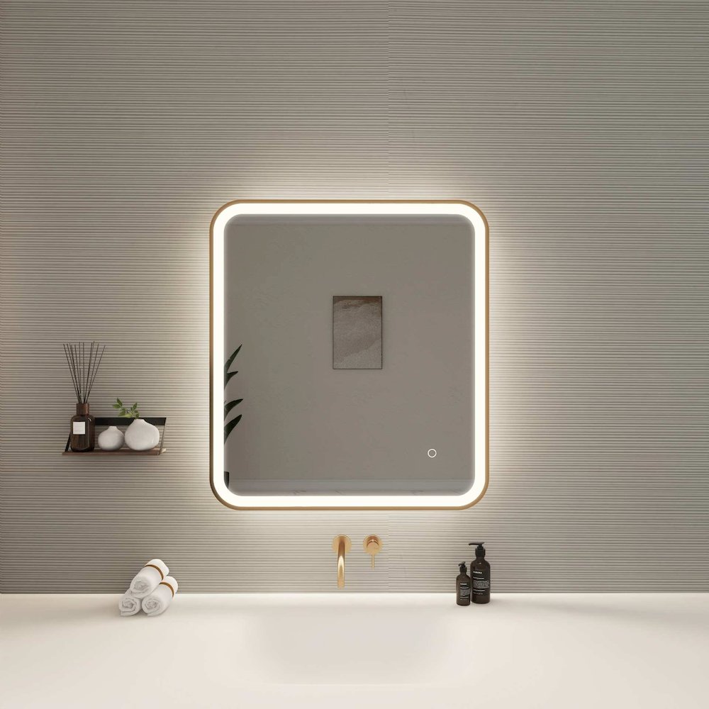 30 Inch Rectangle LED Front and Backlit Wall Mirror in Satin Gold. Picture 2