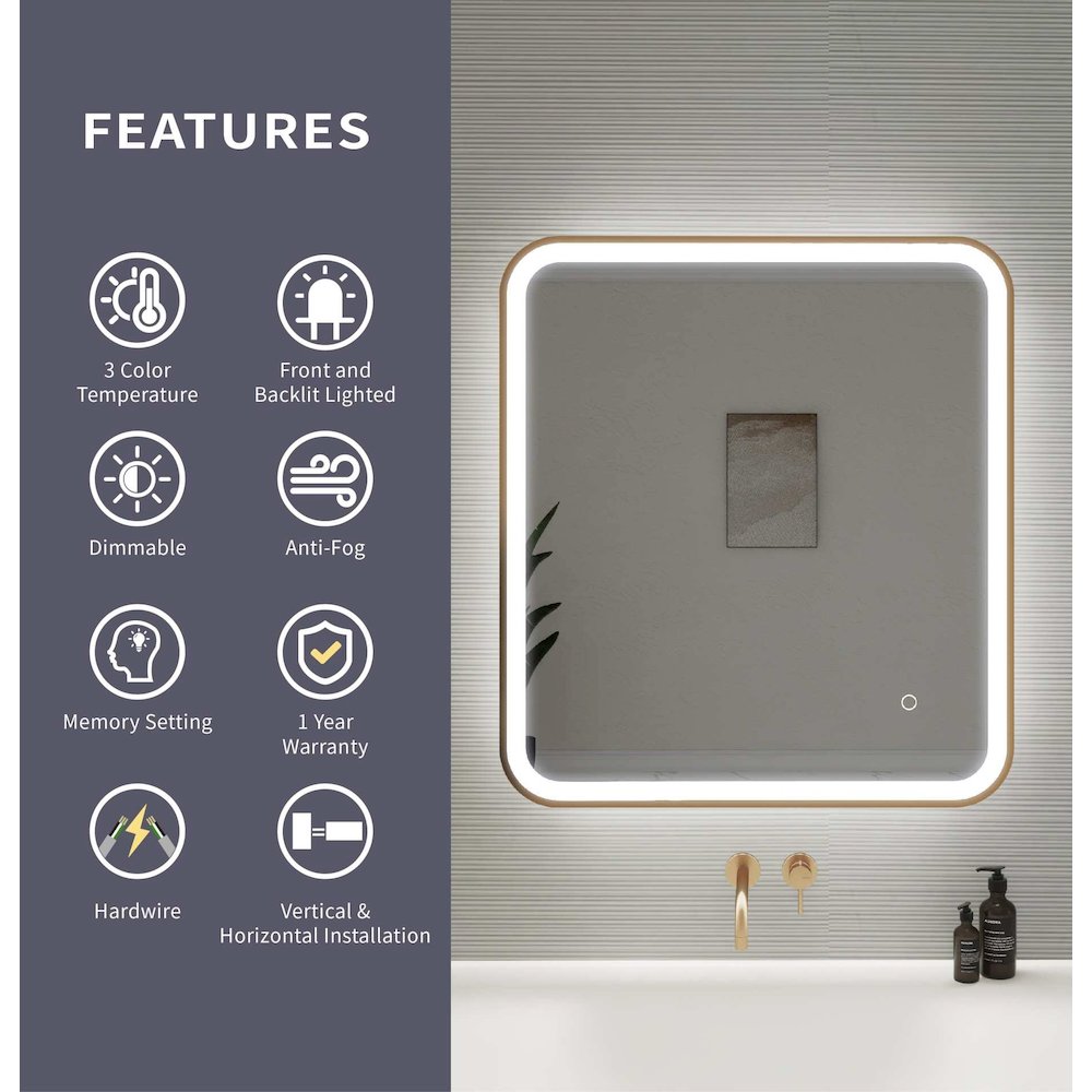 30 Inch Rectangle LED Front and Backlit Wall Mirror in Satin Gold. Picture 11