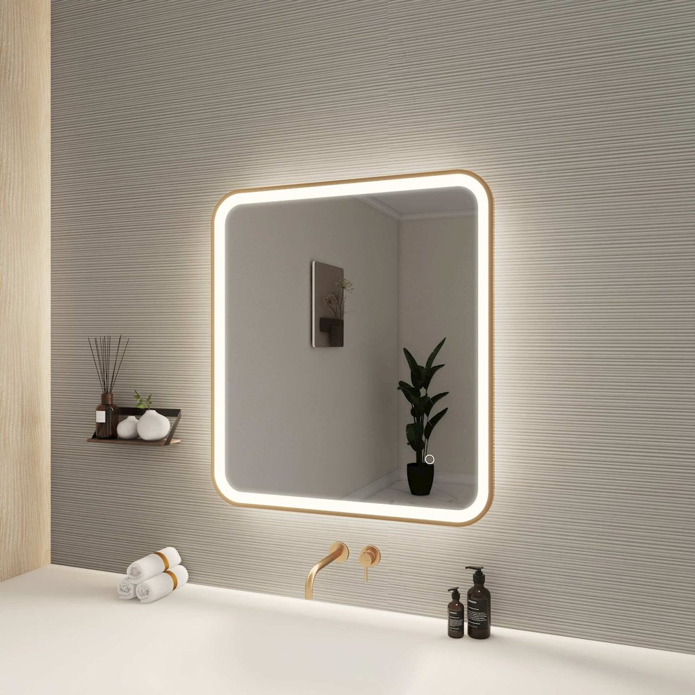 30 Inch Rectangle LED Front and Backlit Wall Mirror in Satin Gold. Picture 3