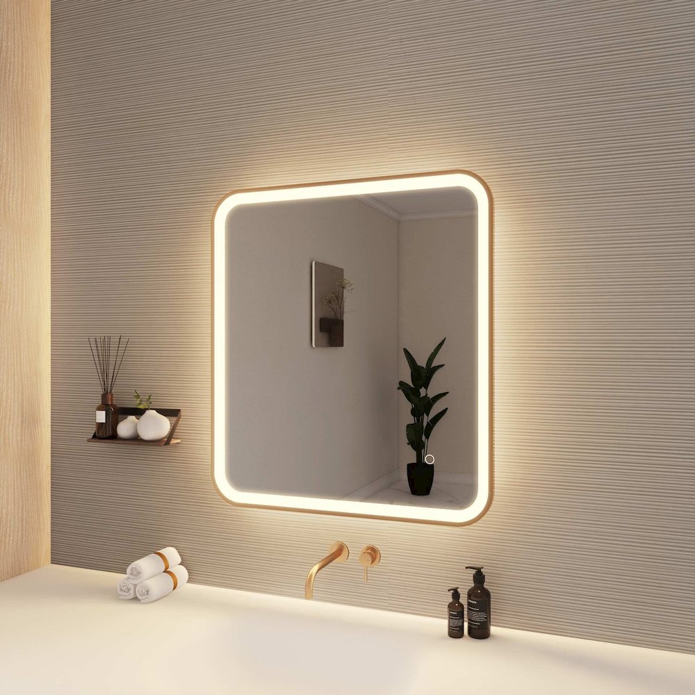 30 Inch Rectangle LED Front and Backlit Wall Mirror in Satin Gold. Picture 4