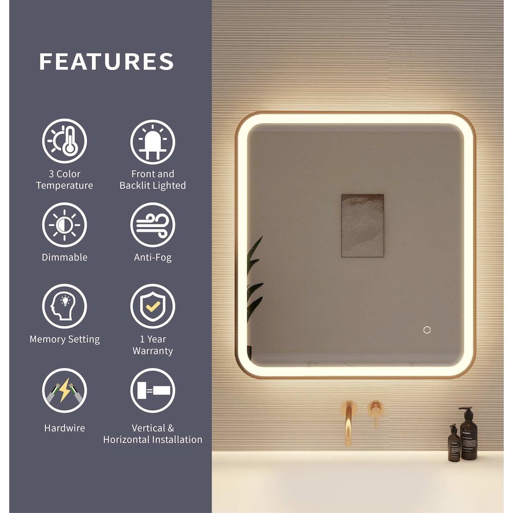 30 Inch Rectangle LED Front and Backlit Wall Mirror in Satin Gold. Picture 9