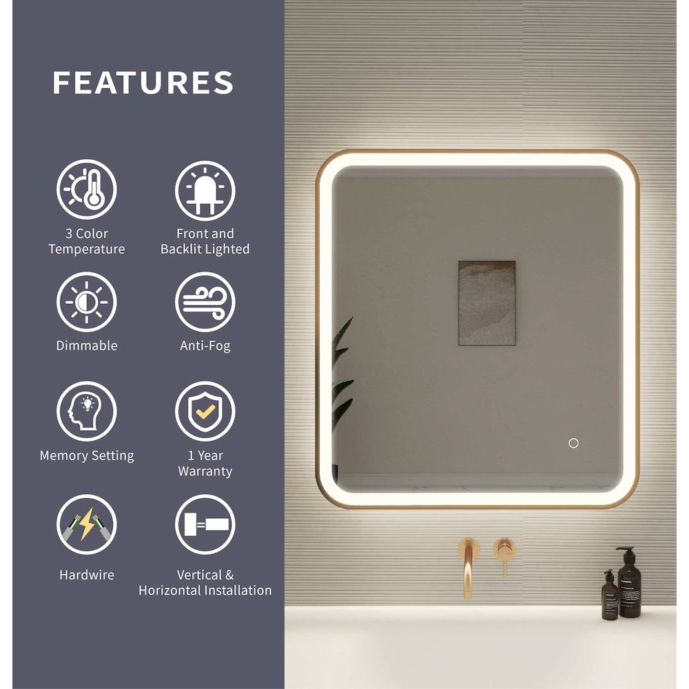 30 Inch Rectangle LED Front and Backlit Wall Mirror in Satin Gold. Picture 10