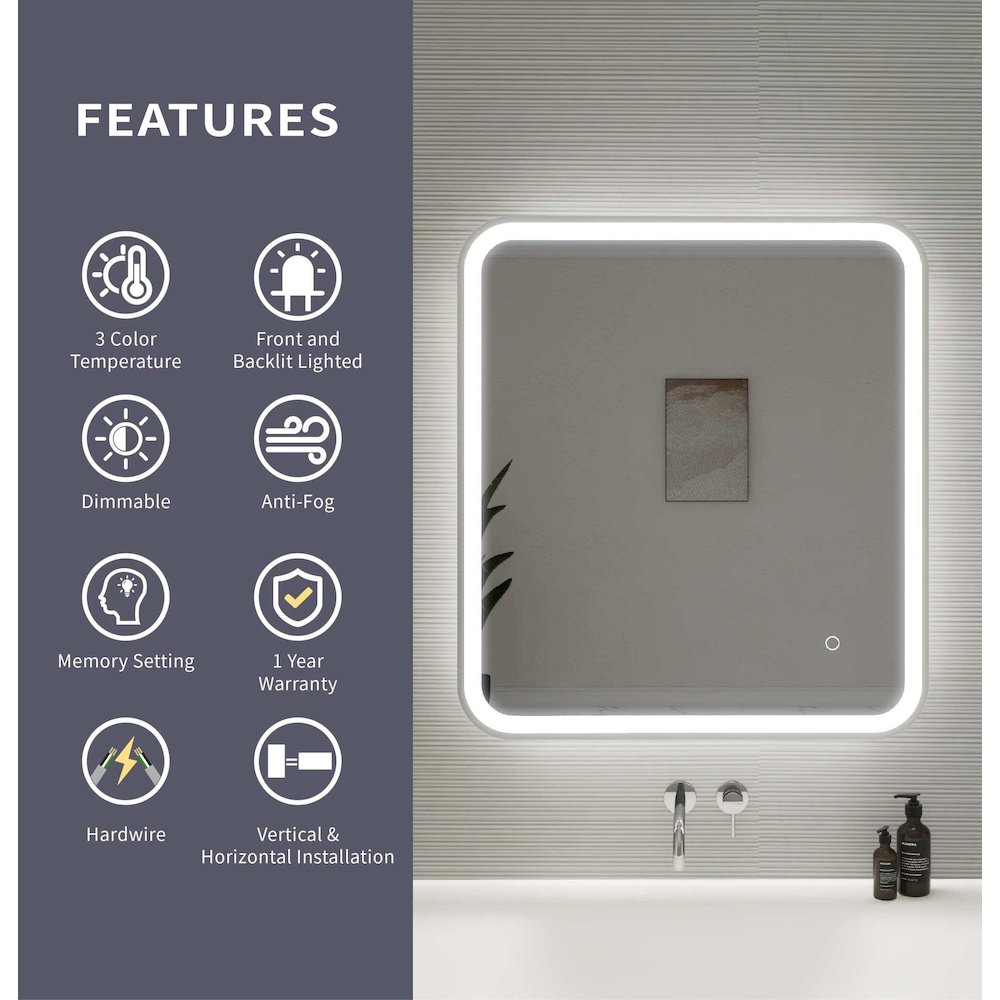 30 Inch Rectangle LED Front and Backlit Wall Mirror in Silver. Picture 11