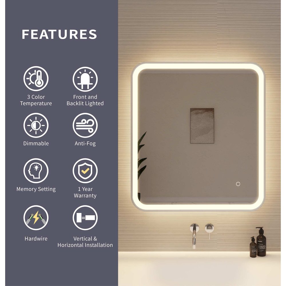 30 Inch Rectangle LED Front and Backlit Wall Mirror in Silver. Picture 9