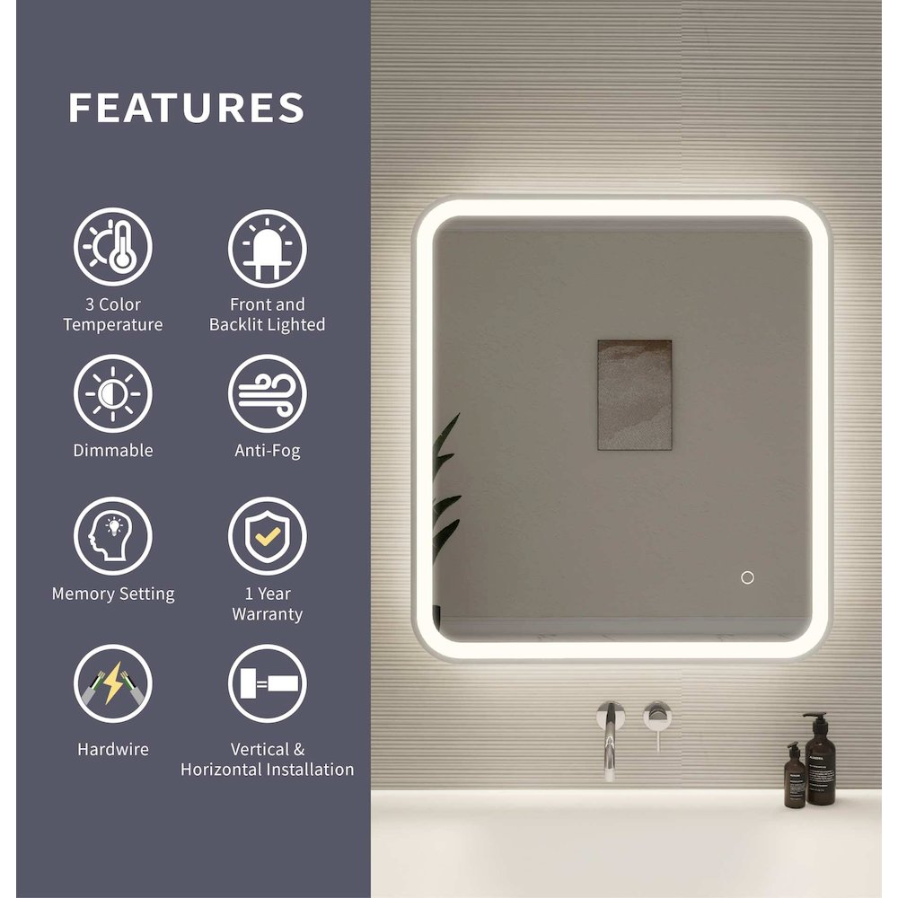 30 Inch Rectangle LED Front and Backlit Wall Mirror in Silver. Picture 10