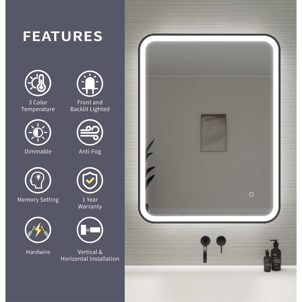 36 Inch Rectangle LED Front and Backlit Wall Mirror in Black. Picture 11