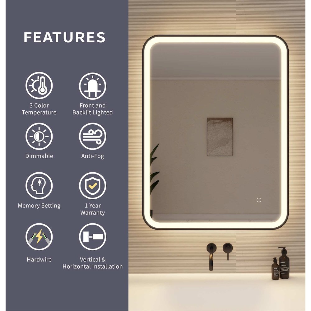 36 Inch Rectangle LED Front and Backlit Wall Mirror in Black. Picture 9