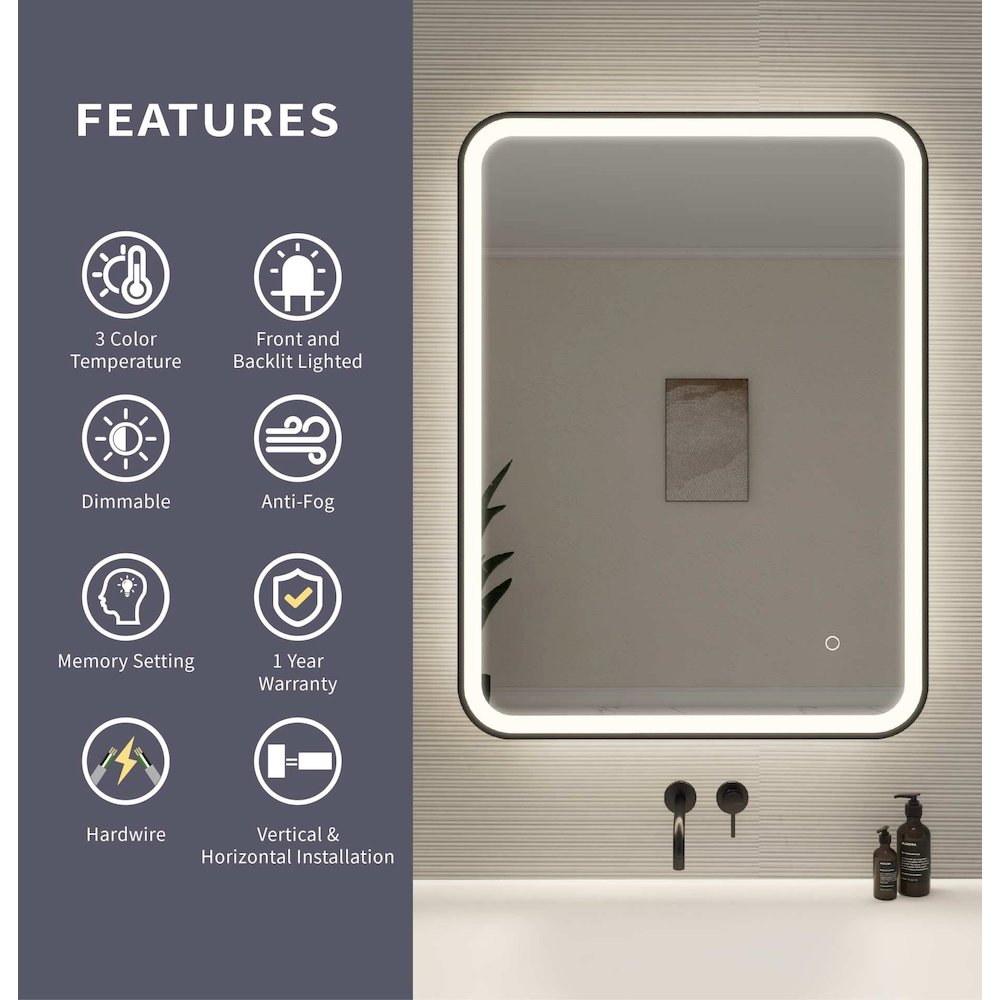 36 Inch Rectangle LED Front and Backlit Wall Mirror in Black. Picture 10