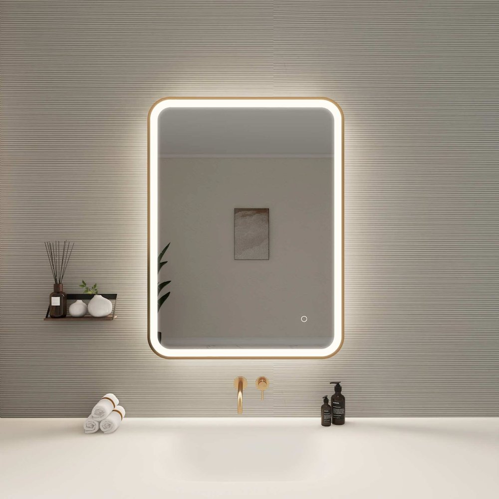 36 Inch Rectangle LED Front and Backlit Wall Mirror in Satin Gold. Picture 2