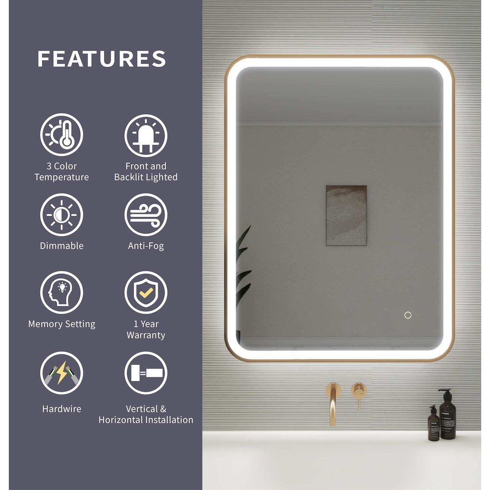36 Inch Rectangle LED Front and Backlit Wall Mirror in Satin Gold. Picture 11