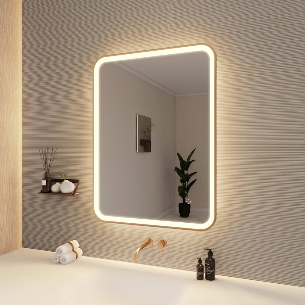36 Inch Rectangle LED Front and Backlit Wall Mirror in Satin Gold. Picture 4
