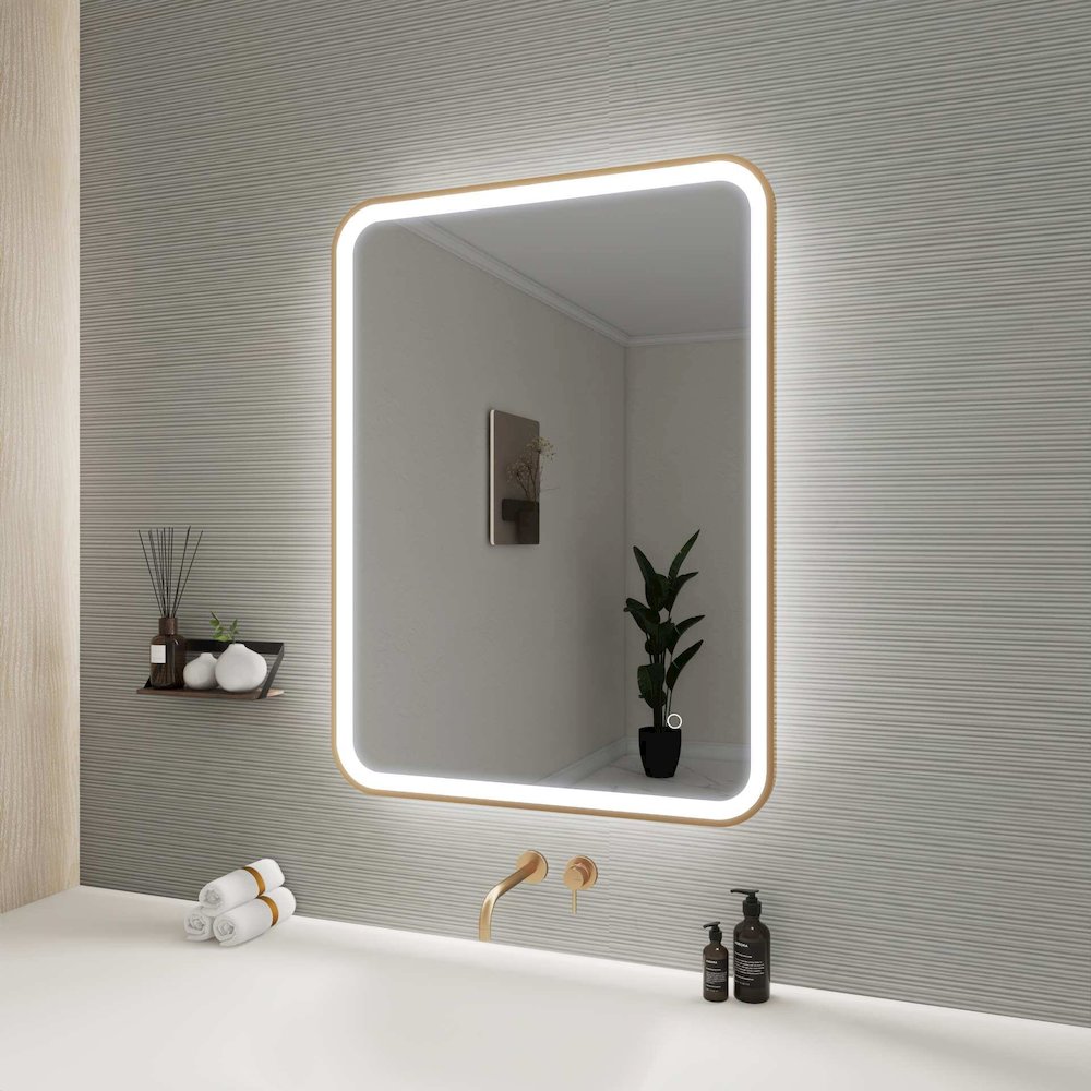 36 Inch Rectangle LED Front and Backlit Wall Mirror in Satin Gold. Picture 5