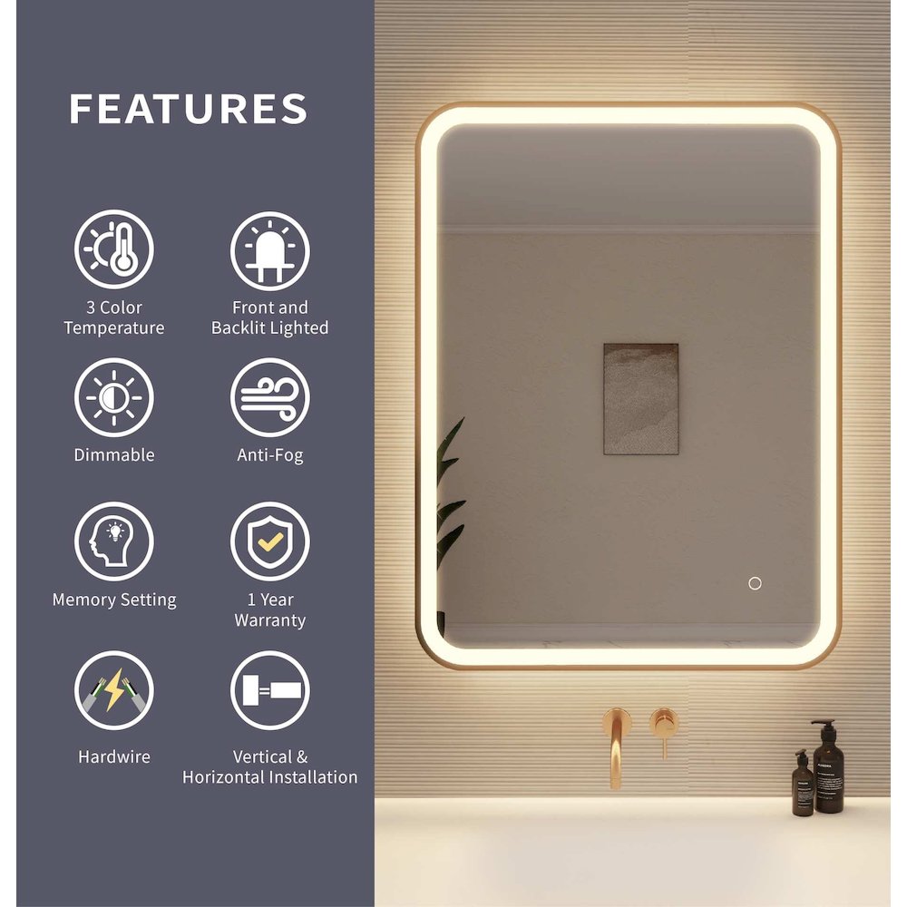 36 Inch Rectangle LED Front and Backlit Wall Mirror in Satin Gold. Picture 9