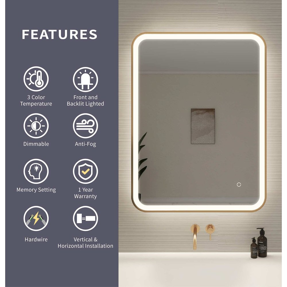 36 Inch Rectangle LED Front and Backlit Wall Mirror in Satin Gold. Picture 10
