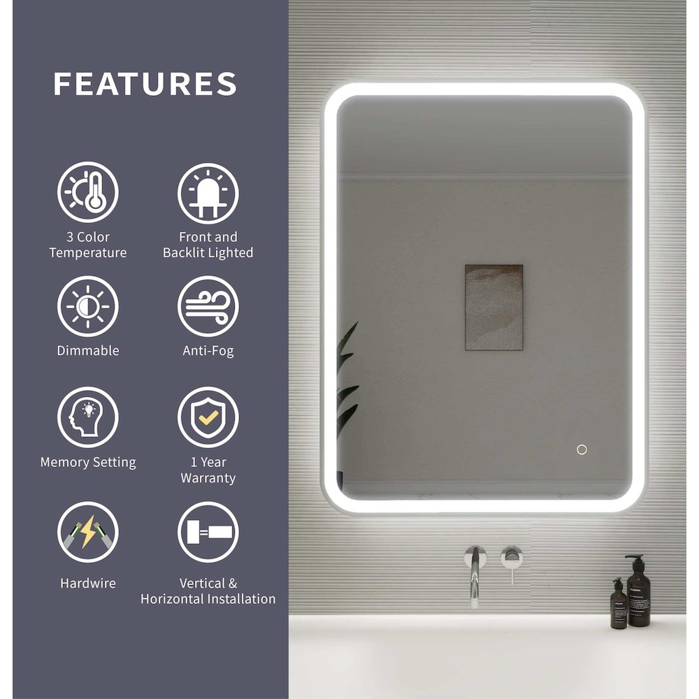 36 Inch Rectangle LED Front and Backlit Wall Mirror in Silver. Picture 11
