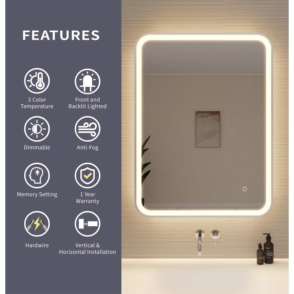 36 Inch Rectangle LED Front and Backlit Wall Mirror in Silver. Picture 9