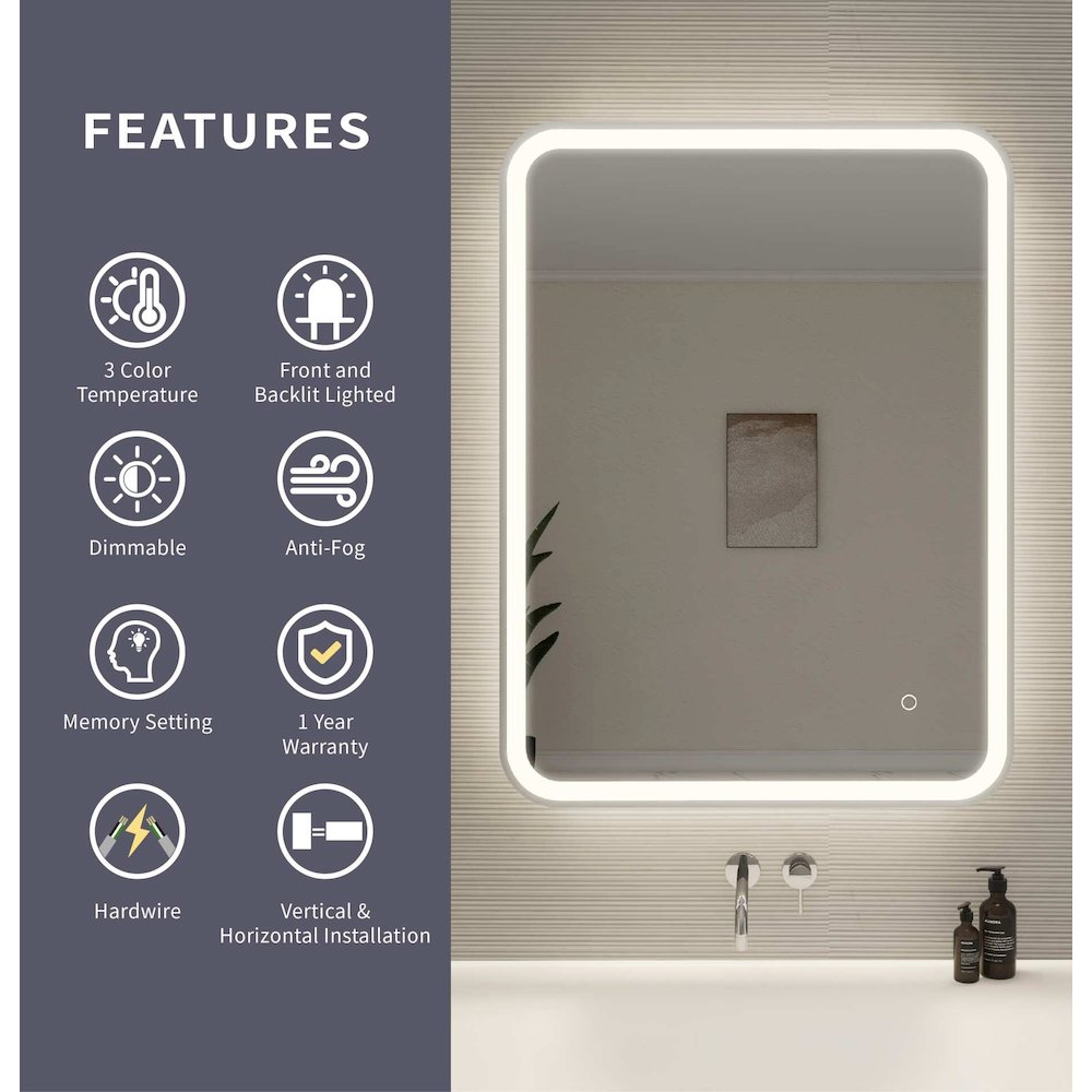 36 Inch Rectangle LED Front and Backlit Wall Mirror in Silver. Picture 10