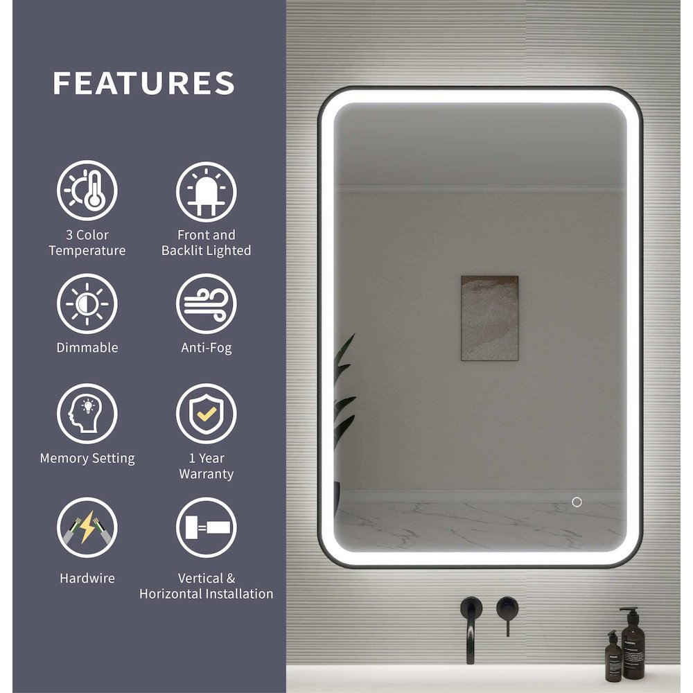 40 Inch Rectangle LED Front and Backlit Wall Mirror in Black. Picture 11