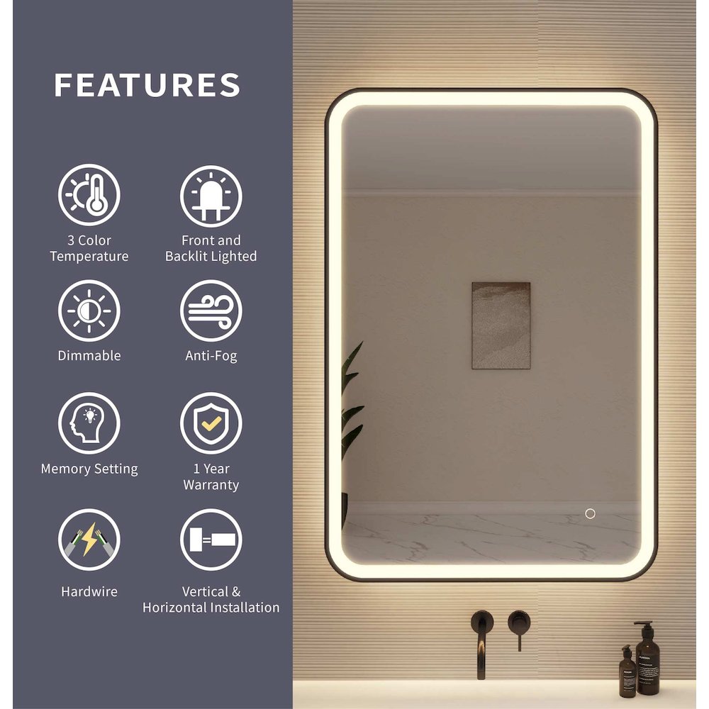 40 Inch Rectangle LED Front and Backlit Wall Mirror in Black. Picture 9