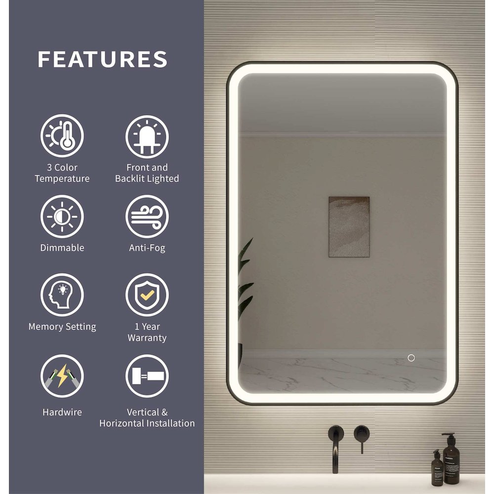 40 Inch Rectangle LED Front and Backlit Wall Mirror in Black. Picture 10