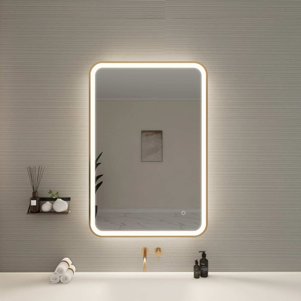 40 Inch Rectangle LED Front and Backlit Wall Mirror in Satin Gold. Picture 2