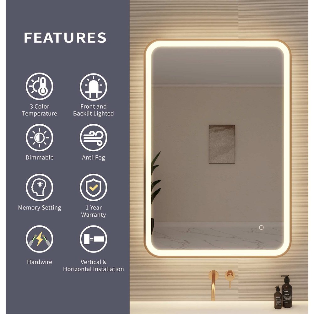 40 Inch Rectangle LED Front and Backlit Wall Mirror in Satin Gold. Picture 11
