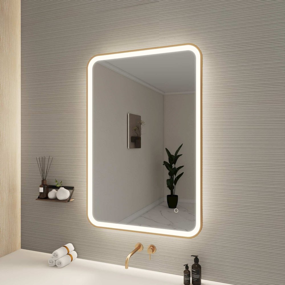40 Inch Rectangle LED Front and Backlit Wall Mirror in Satin Gold. Picture 3